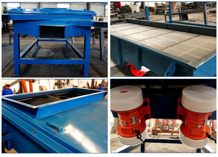 方形振動篩出料口，篩網(wǎng)和網(wǎng)架，進(jìn)料口，振動電機(jī)等細(xì)節(jié)展示。